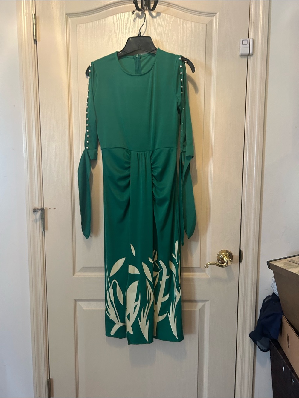Emerald Green Midi Dress with Pearl-Trim Sleeves